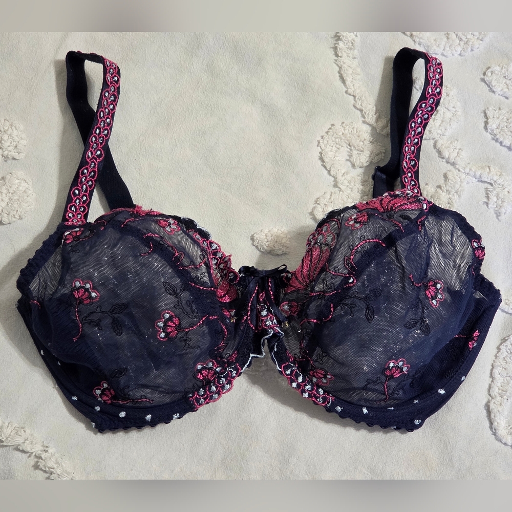 🌸 PrimaDonna Navy+Pink Floral Embroidered Strap Luxury Full Cup Bra Sheer Mesh